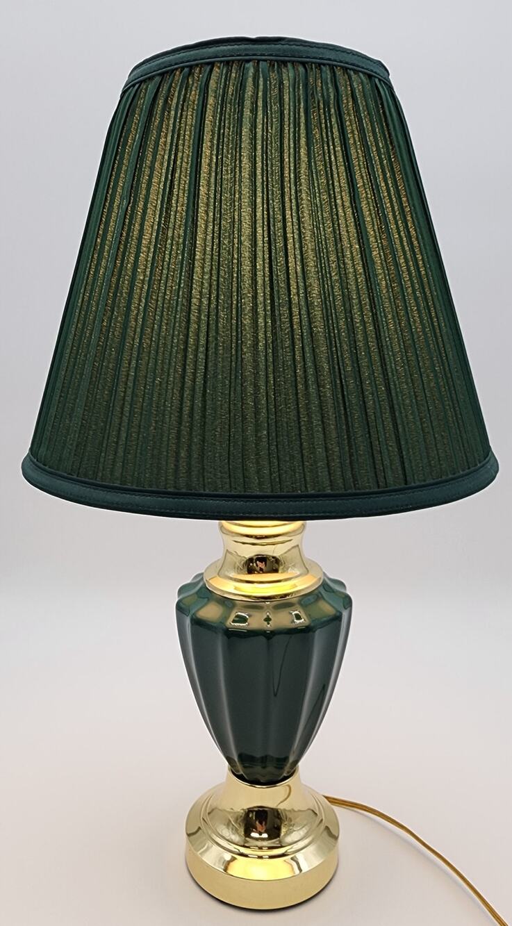 Modern Vintage Forest Green Ceramic & Gold Table Lamp 21" Tall w/ Pleated Shade